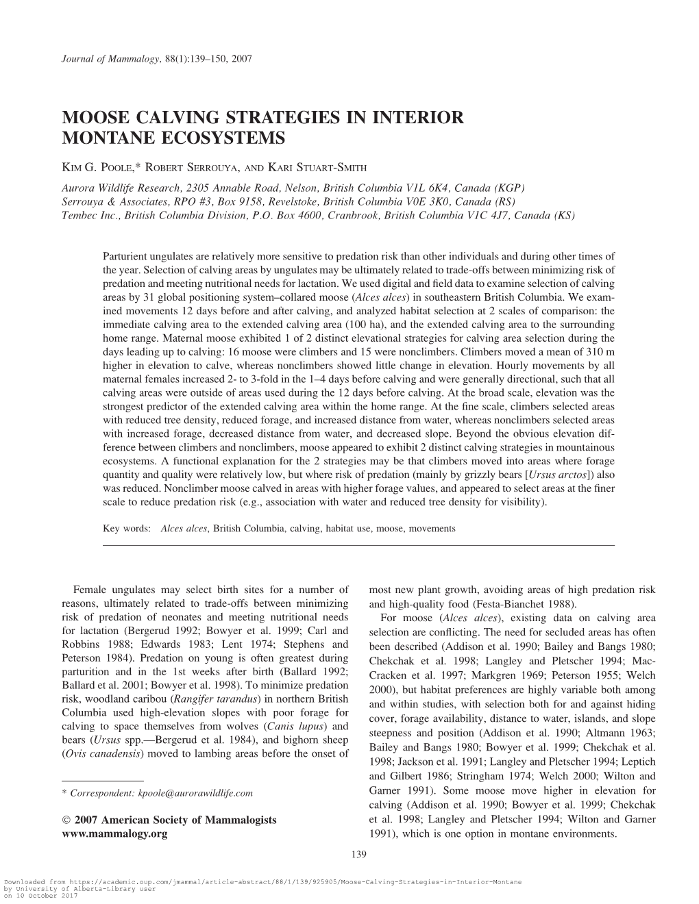 Moose Calving Strategies in Interior Montane Ecosystems