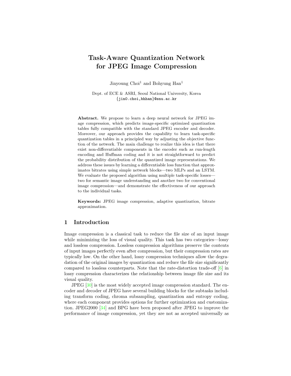 Task-Aware Quantization Network for JPEG Image Compression