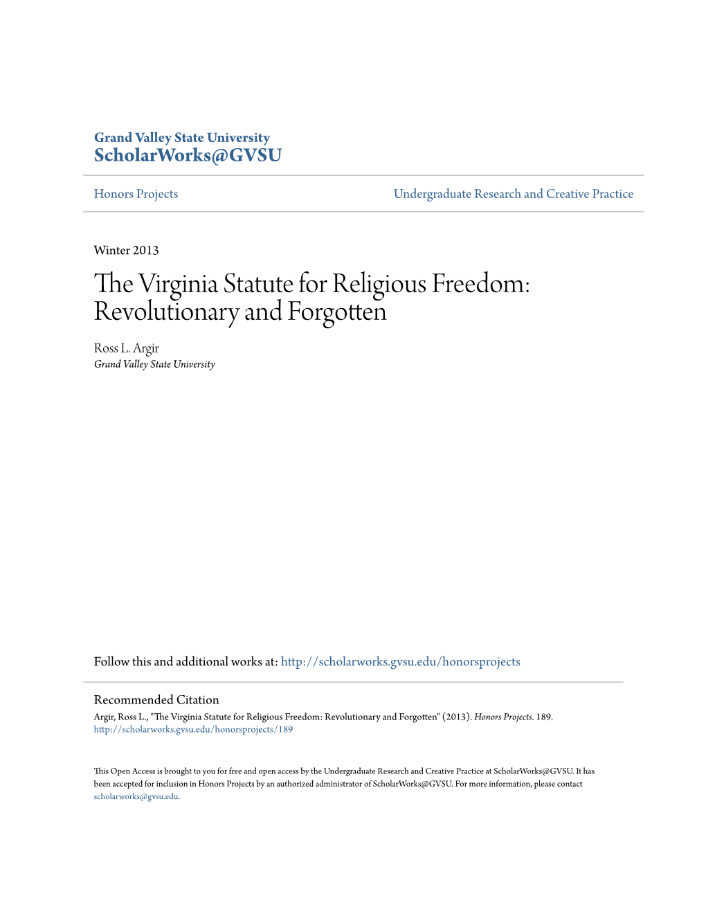 The Virginia Statute for Religious Freedom