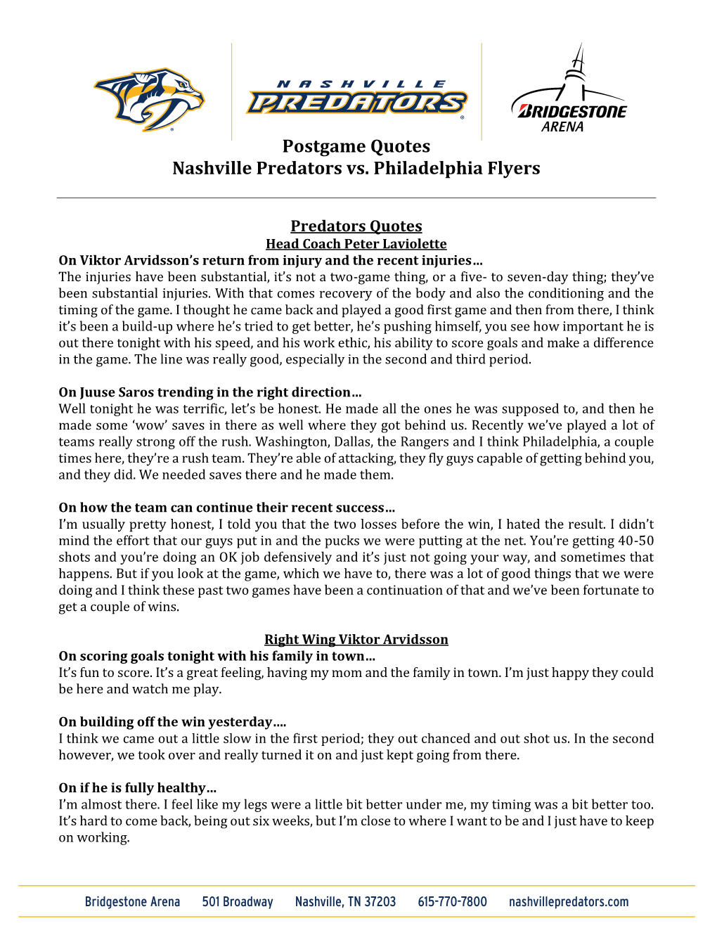 Postgame Quotes Nashville Predators Vs. Philadelphia Flyers