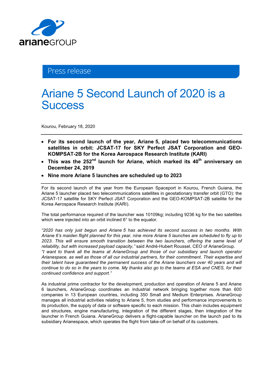 Ariane 5 Second Launch of 2020 Is a Success