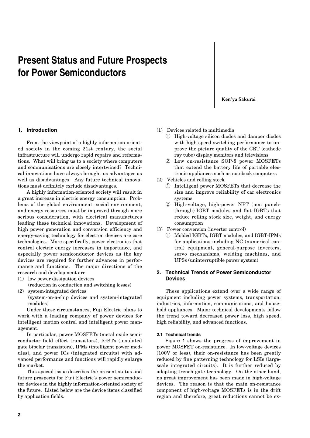 Present Status and Future Prospects for Power Semiconductors
