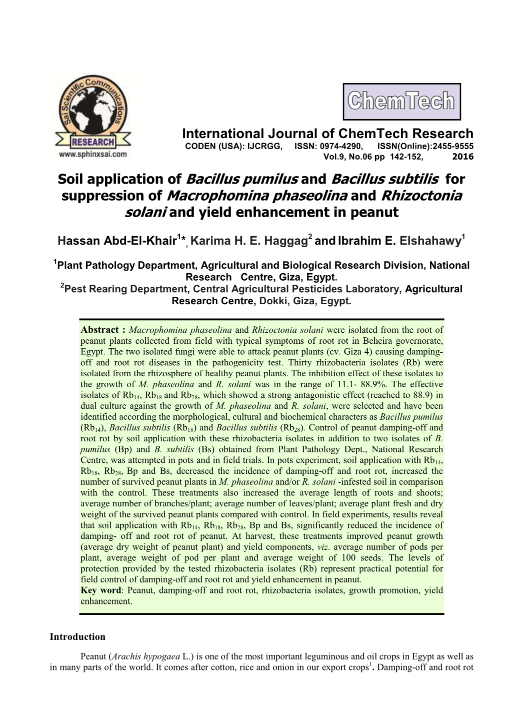 Suppression of Macrophomina Phaseolina and Rhizoctonia Solani and Yield Enhancement in Peanut