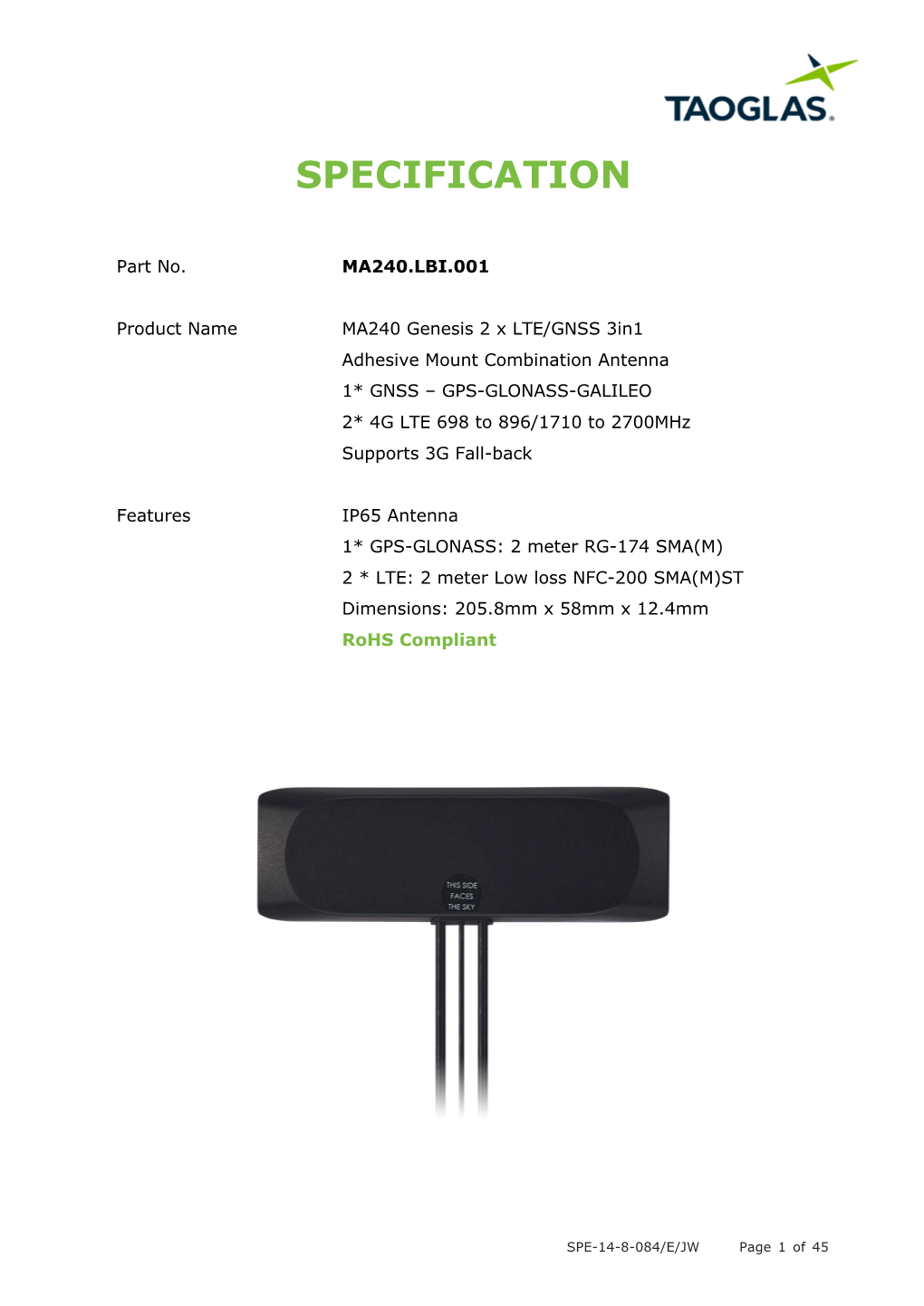 MA240.LBI.001 Genesis LTE MIMO GPS-GLONASS 3In1 Combination Adhesive Mount Antenna