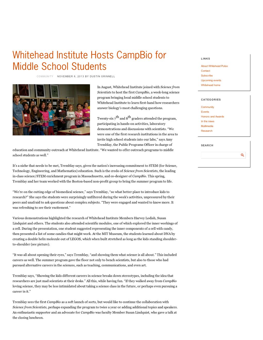 Whitehead Institute Hosts Campbio for Middle School Students