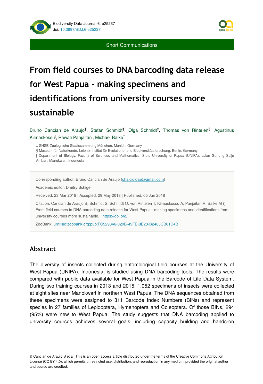 From Field Courses to DNA Barcoding Data Release for West Papua - Making Specimens and Identifications from University Courses More Sustainable