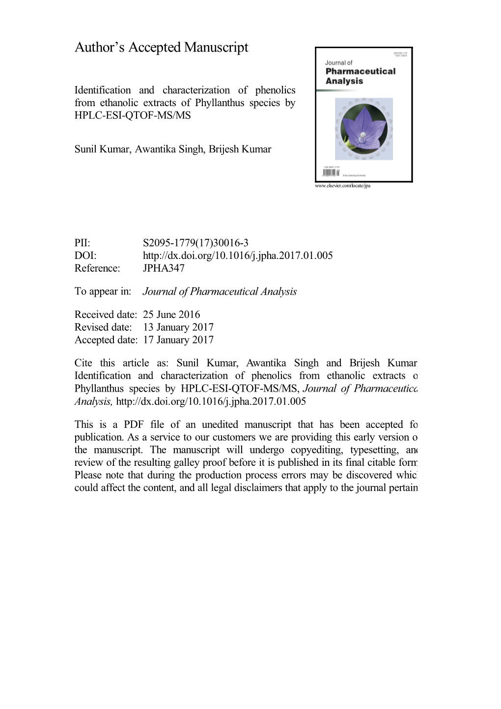 Identification and Characterization of Phenolics from Ethanolic Extracts of Phyllanthus Species by HPLC-ESI-QTOF-MS/MS