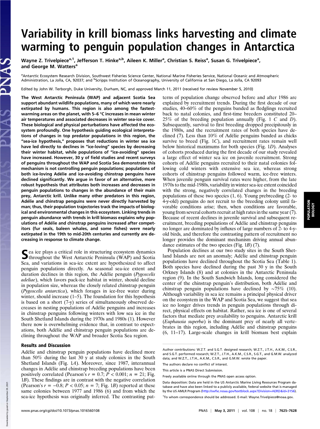 Variability in Krill Biomass Links Harvesting and Climate Warming to Penguin Population Changes in Antarctica