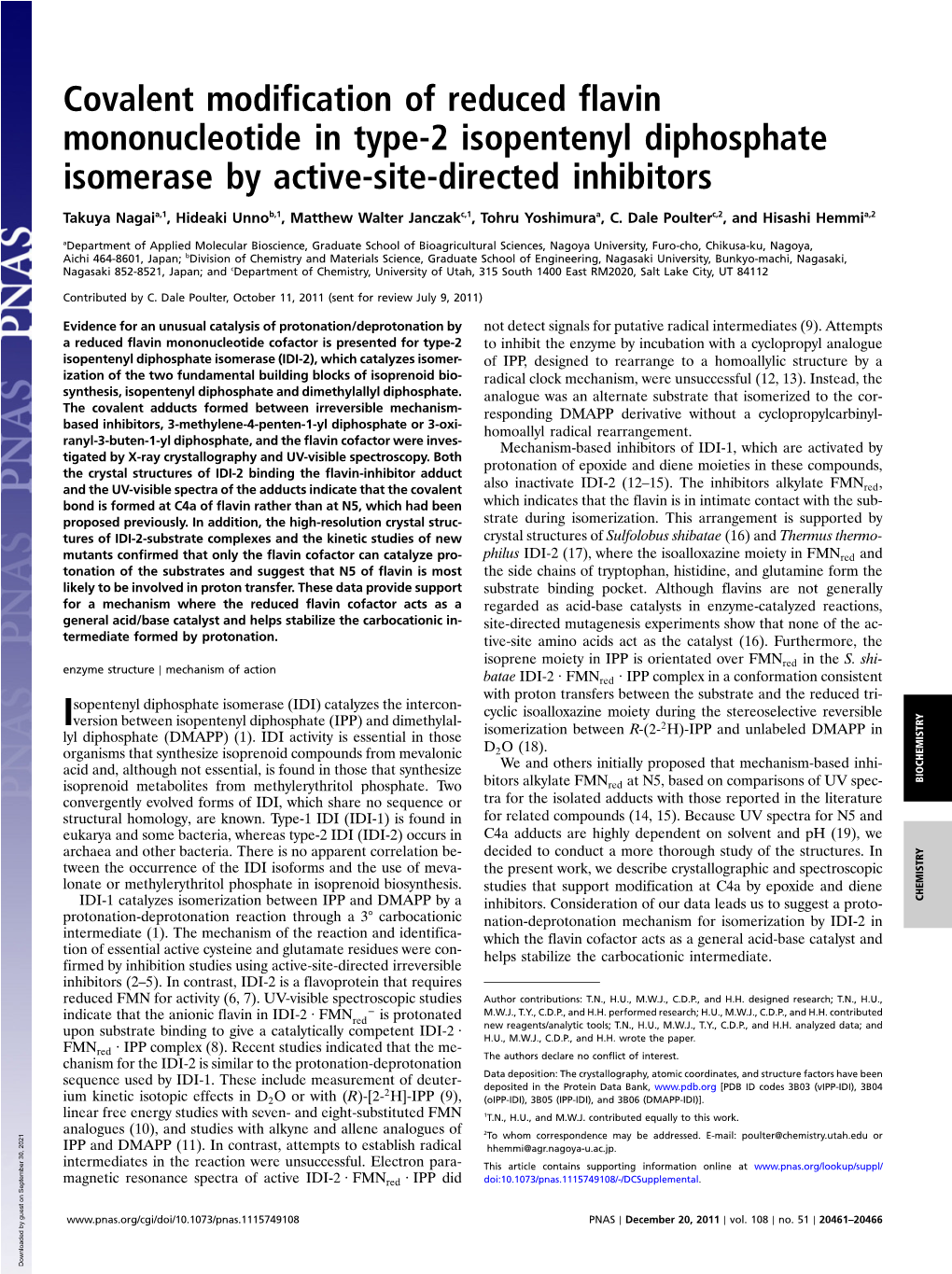 Covalent Modification of Reduced Flavin Mononucleotide in Type-2 Isopentenyl Diphosphate Isomerase by Active-Site-Directed Inhibitors