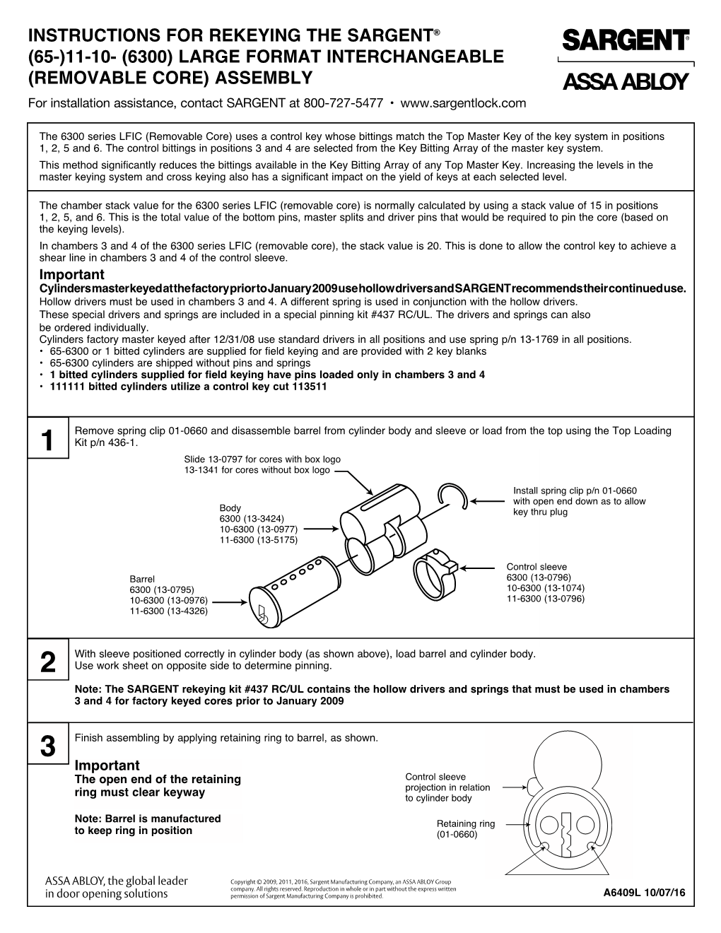 REMOVABLE CORE) ASSEMBLY for Installation Assistance, Contact SARGENT at 800-727-5477 •