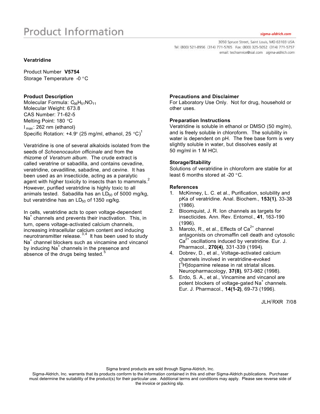 Veratridine Product Number V5754 Storage Temperature