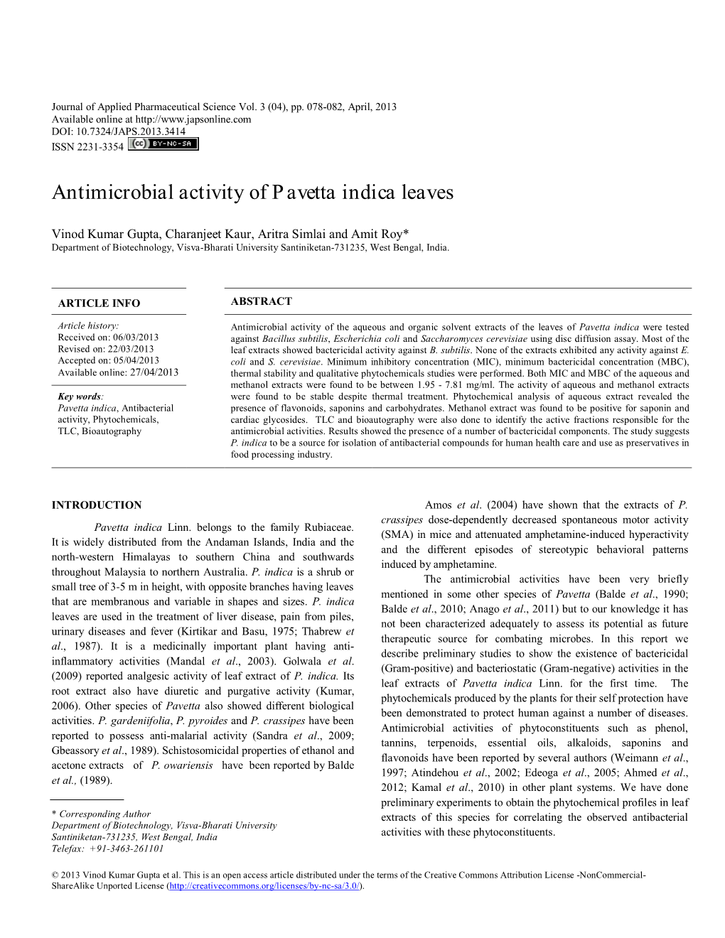 Antimicrobial Activity of Pavetta Indica Leaves