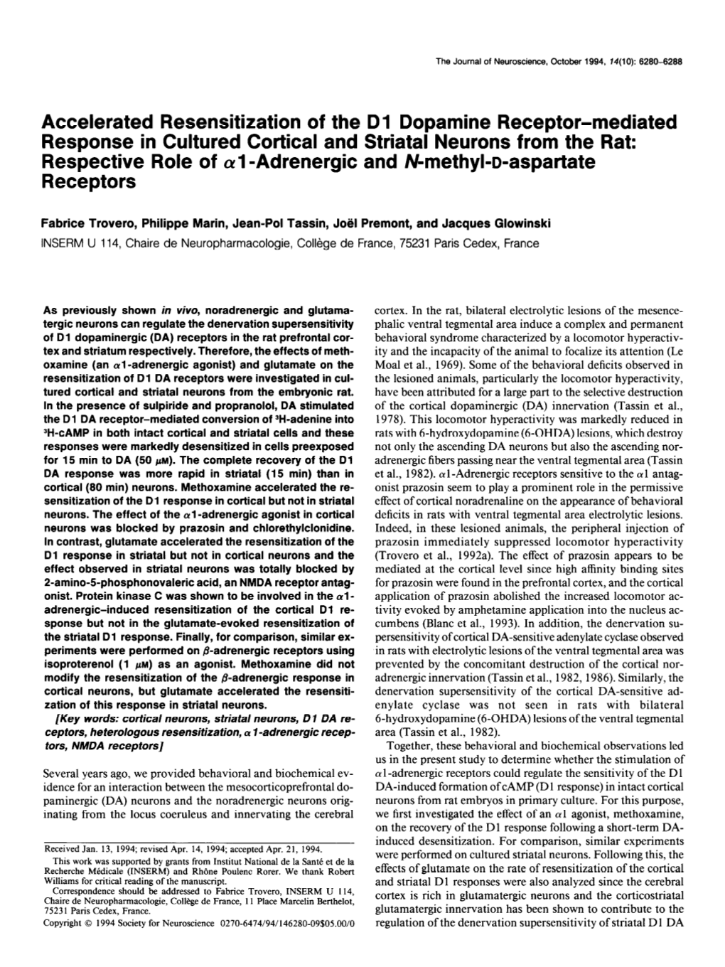 Accelerated Resensitization of the D 1 Dopamine Receptor-Mediated