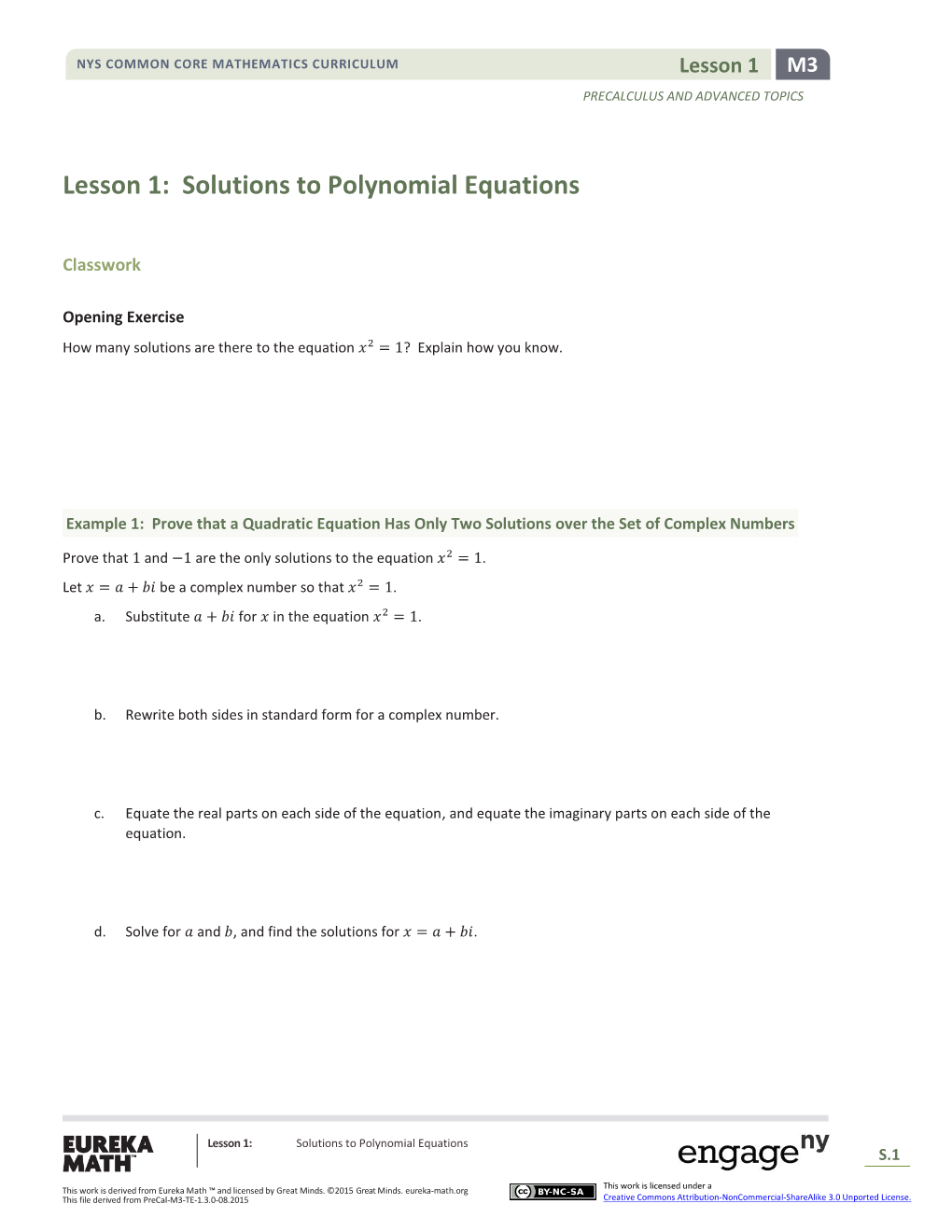 Lesson 1: Solutions to Polynomial Equations
