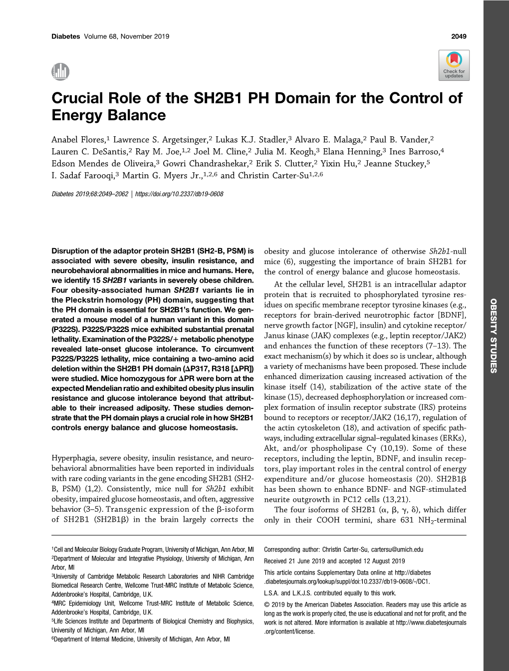 Crucial Role of the SH2B1 PH Domain for the Control of Energy Balance