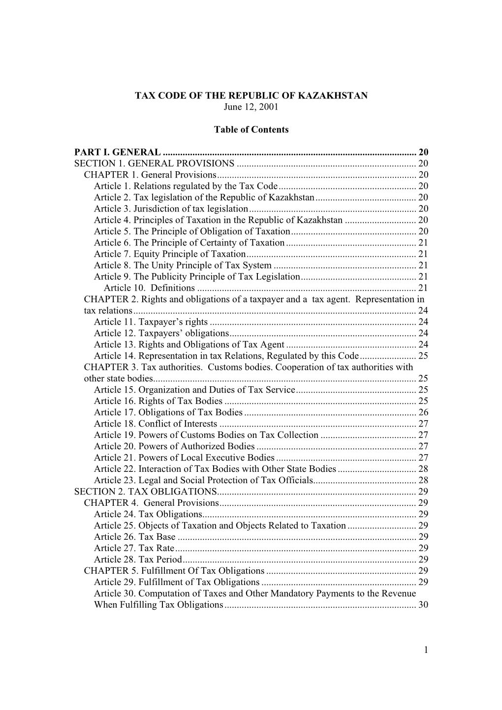 Tax Code of the Republic of Kazakhstan, Dated 12 June 2001