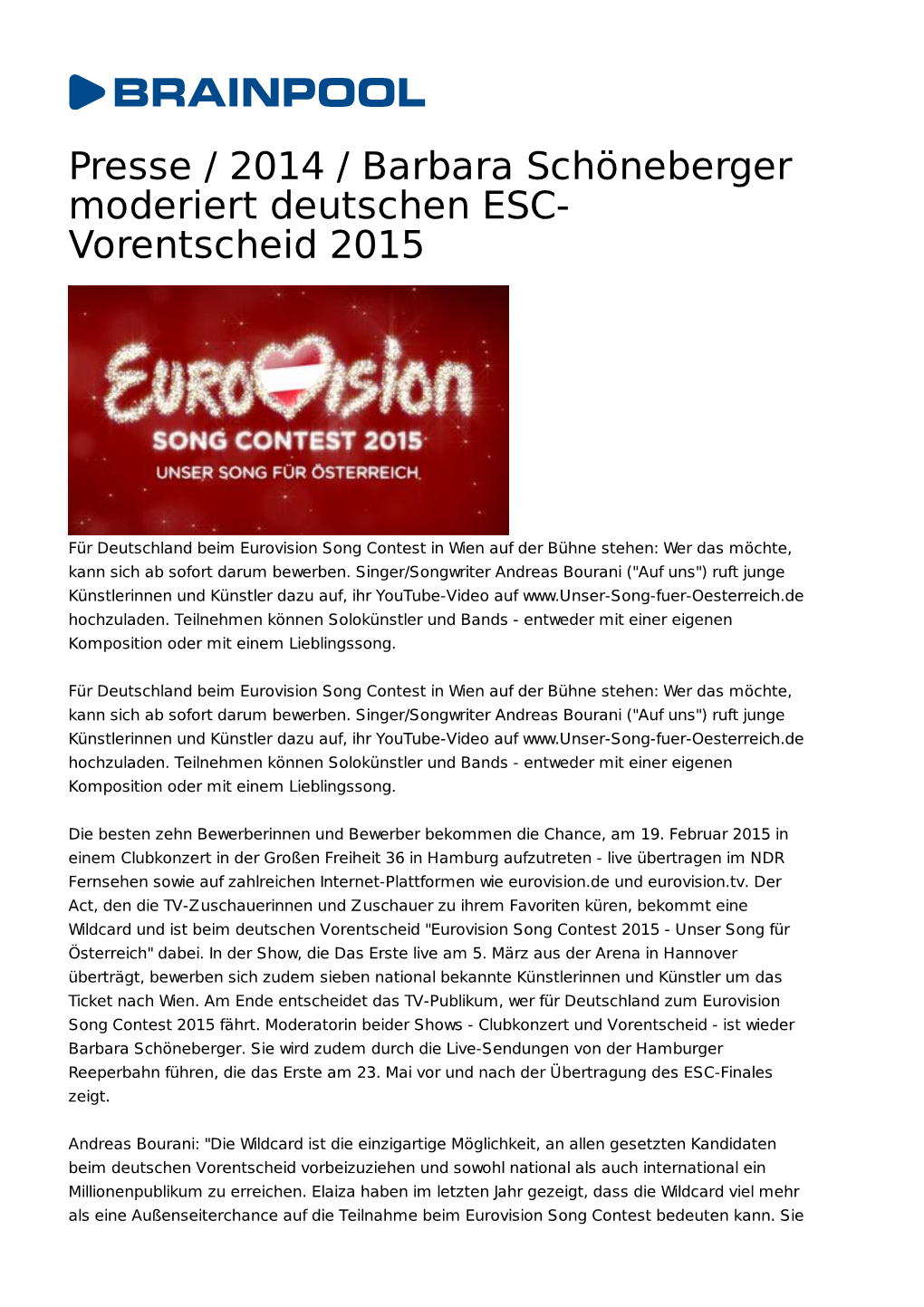 Presse / 2014 / Barbara Schöneberger Moderiert Deutschen ESC- Vorentscheid 2015