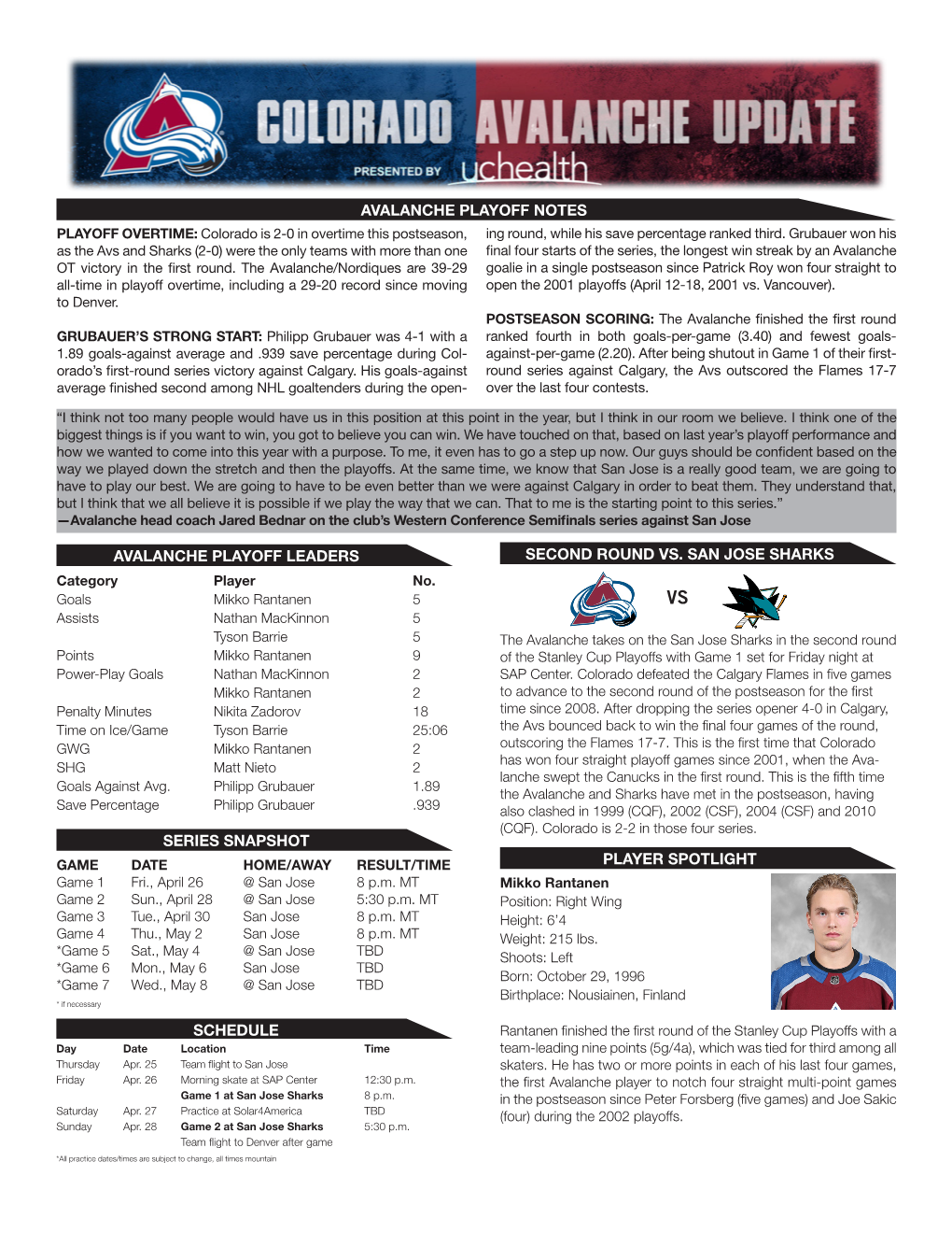 Avalanche Playoff Leaders Series Snapshot Second Round Vs. San Jose Sharks Schedule Avalanche Playoff Notes Player Spotlight