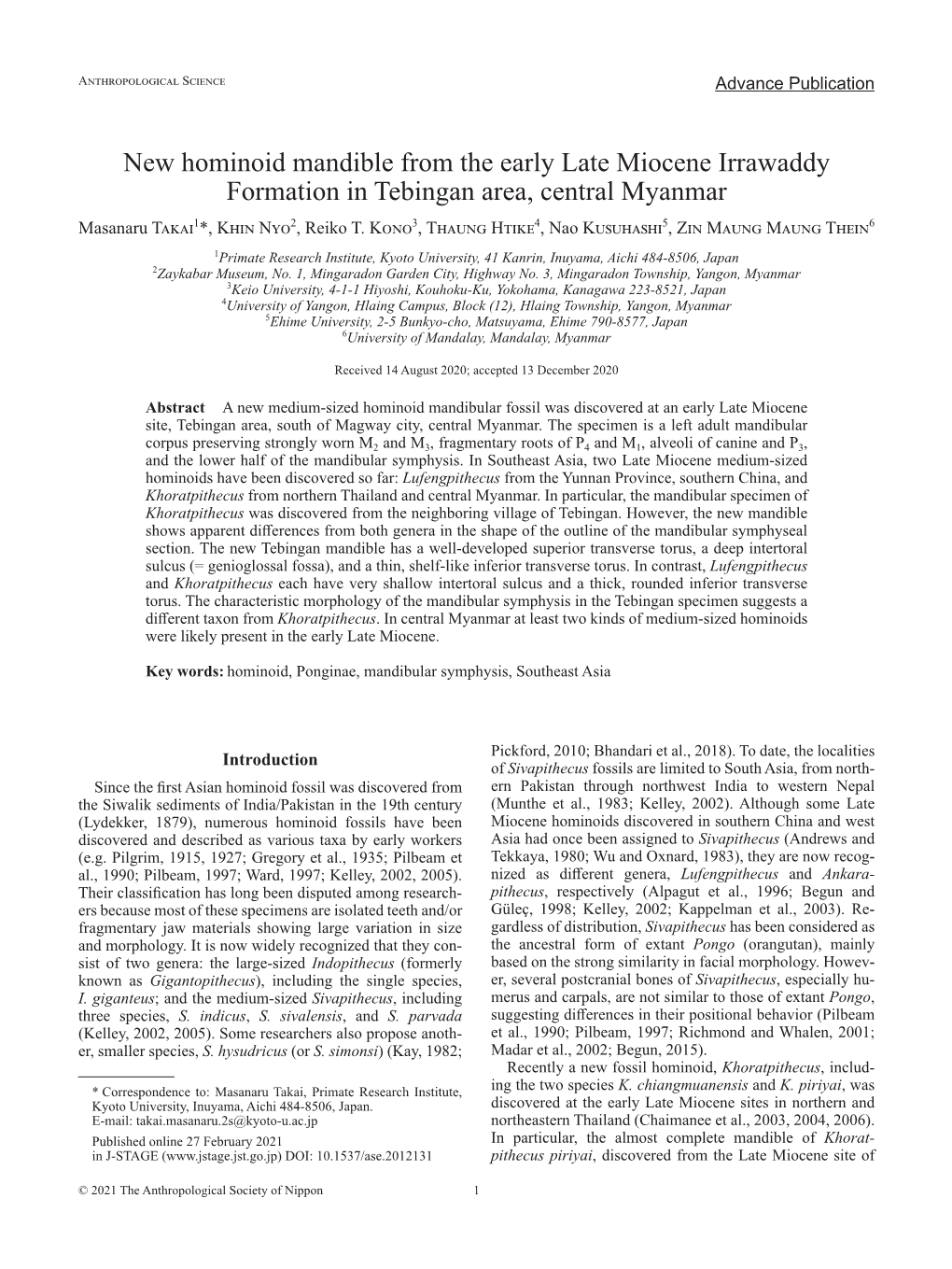 New Hominoid Mandible from the Early Late Miocene Irrawaddy Formation in Tebingan Area, Central Myanmar Masanaru Takai1*, Khin Nyo2, Reiko T