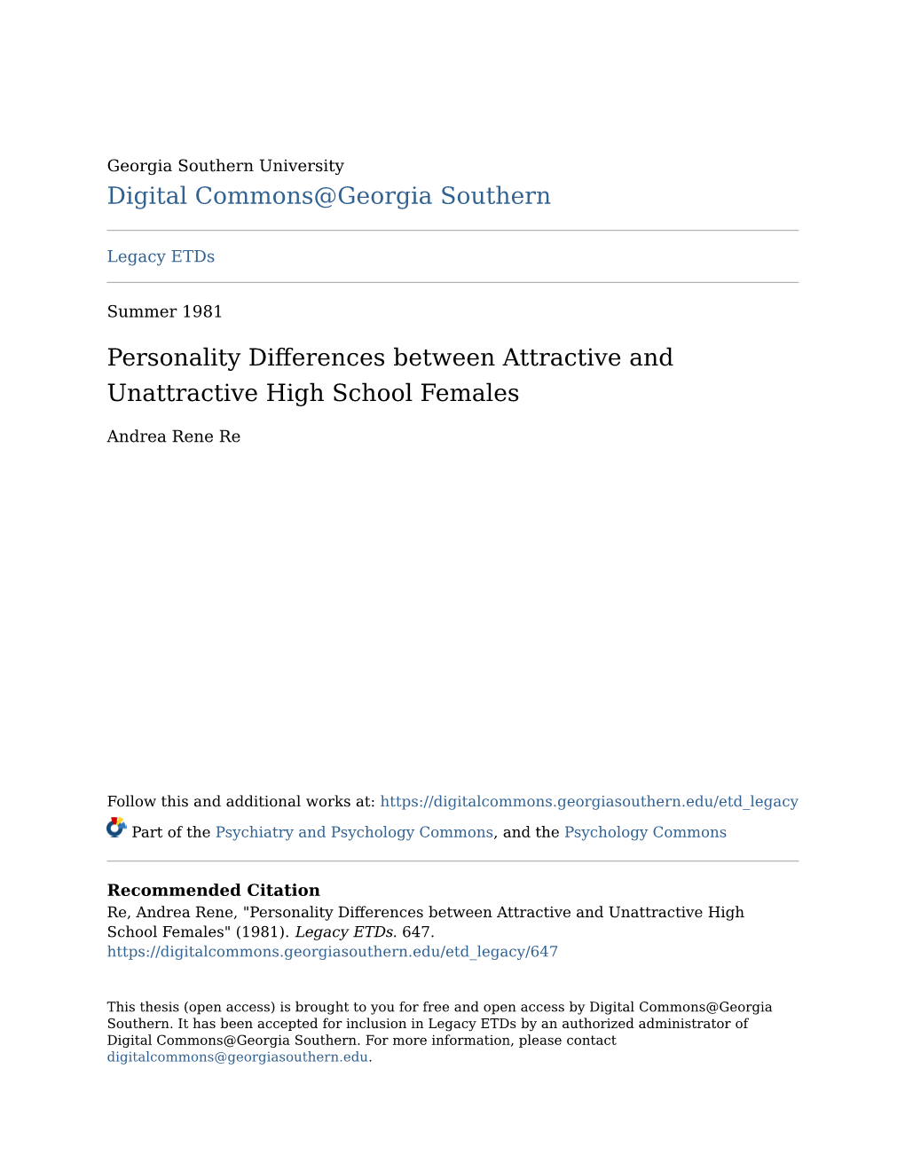 Personality Differences Between Attractive and Unattractive High