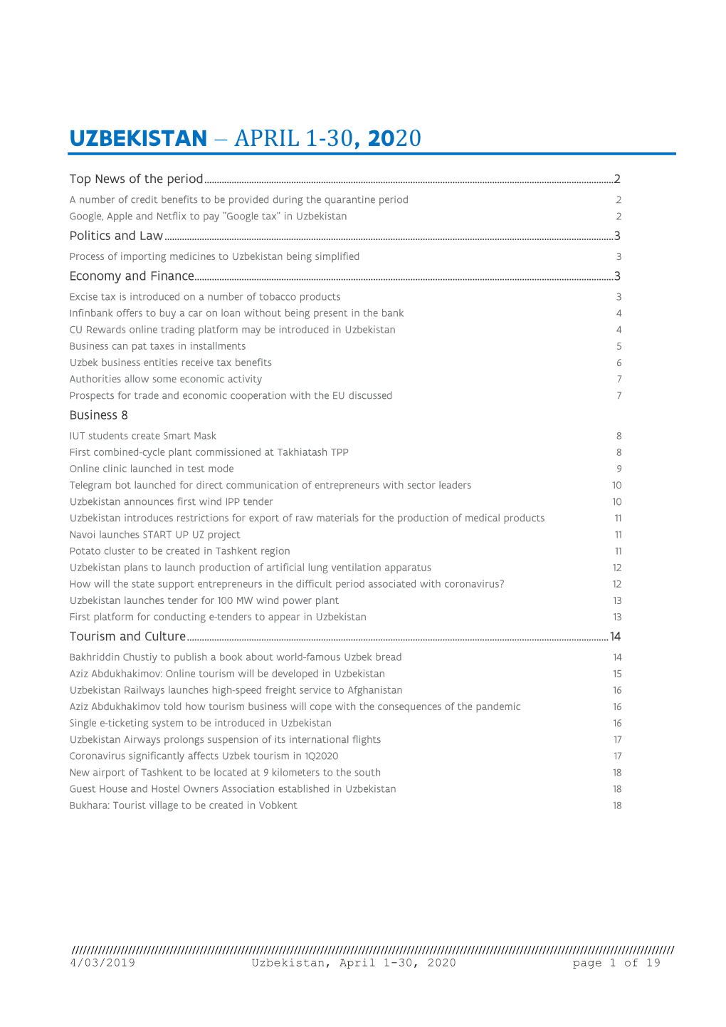 Uzbekistan – April 1-30, 2020