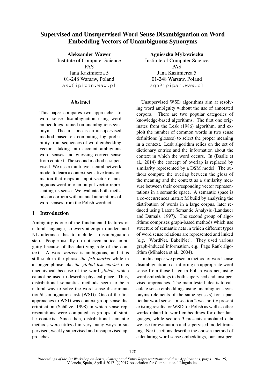 Supervised and Unsupervised Word Sense Disambiguation on Word Embedding Vectors of Unambiguous Synonyms