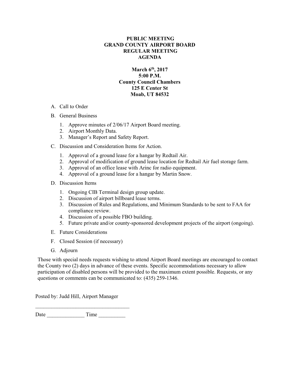 Public Meeting Grand County Airport Board Regular Meeting Agenda