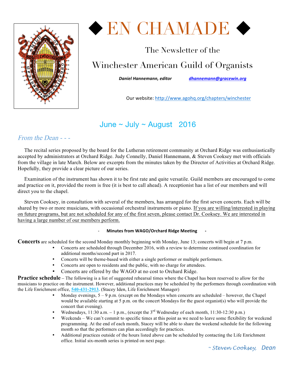 EN CHAMADE U the Newsletter of the Winchester American Guild of Organists