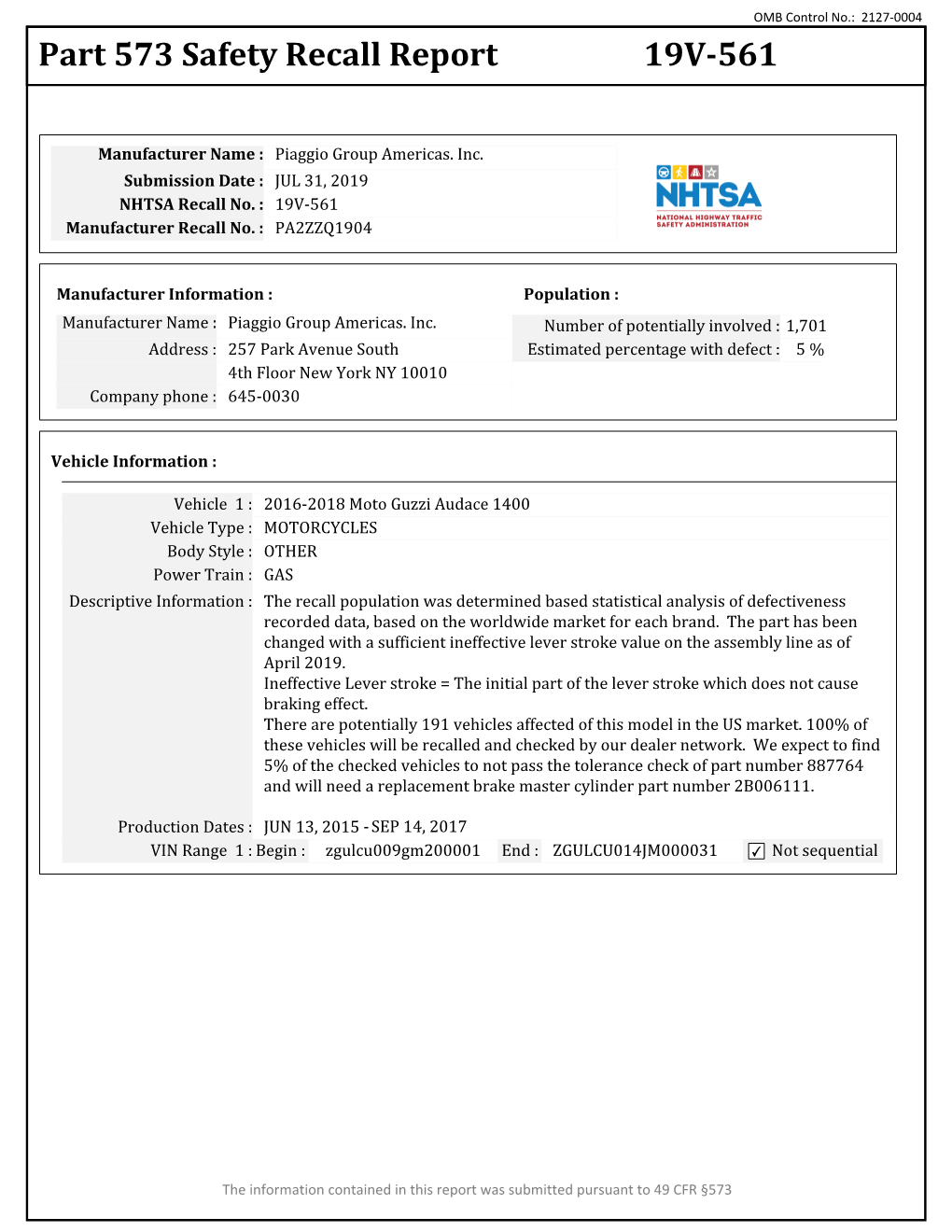 Part 573 Safety Recall Report 19V-561