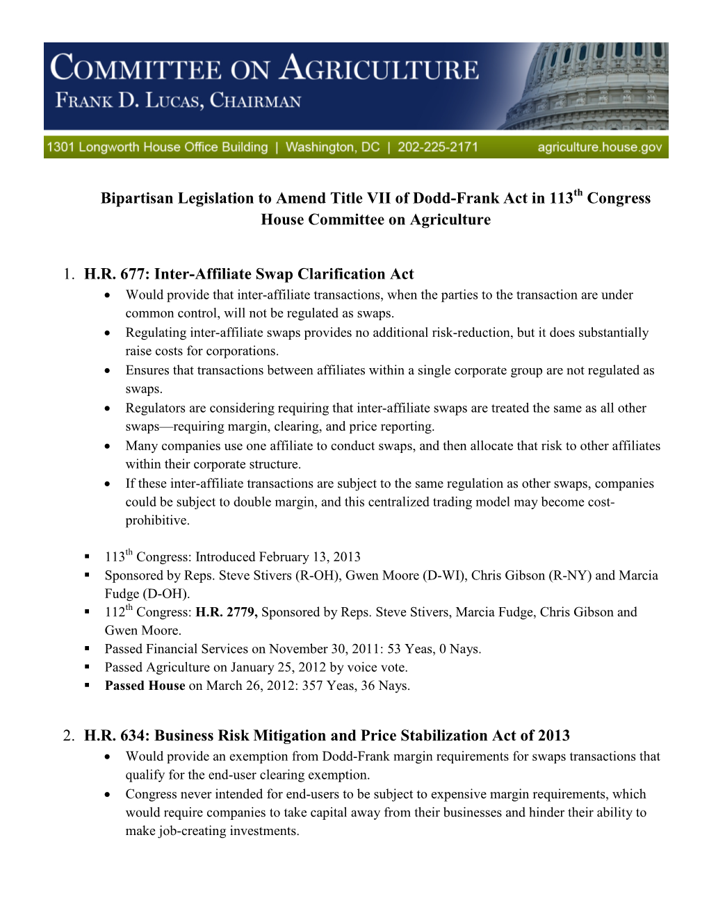 Bipartisan Legislation to Amend Title VII of Dodd-Frank Act in 113Th Congress House Committee on Agriculture