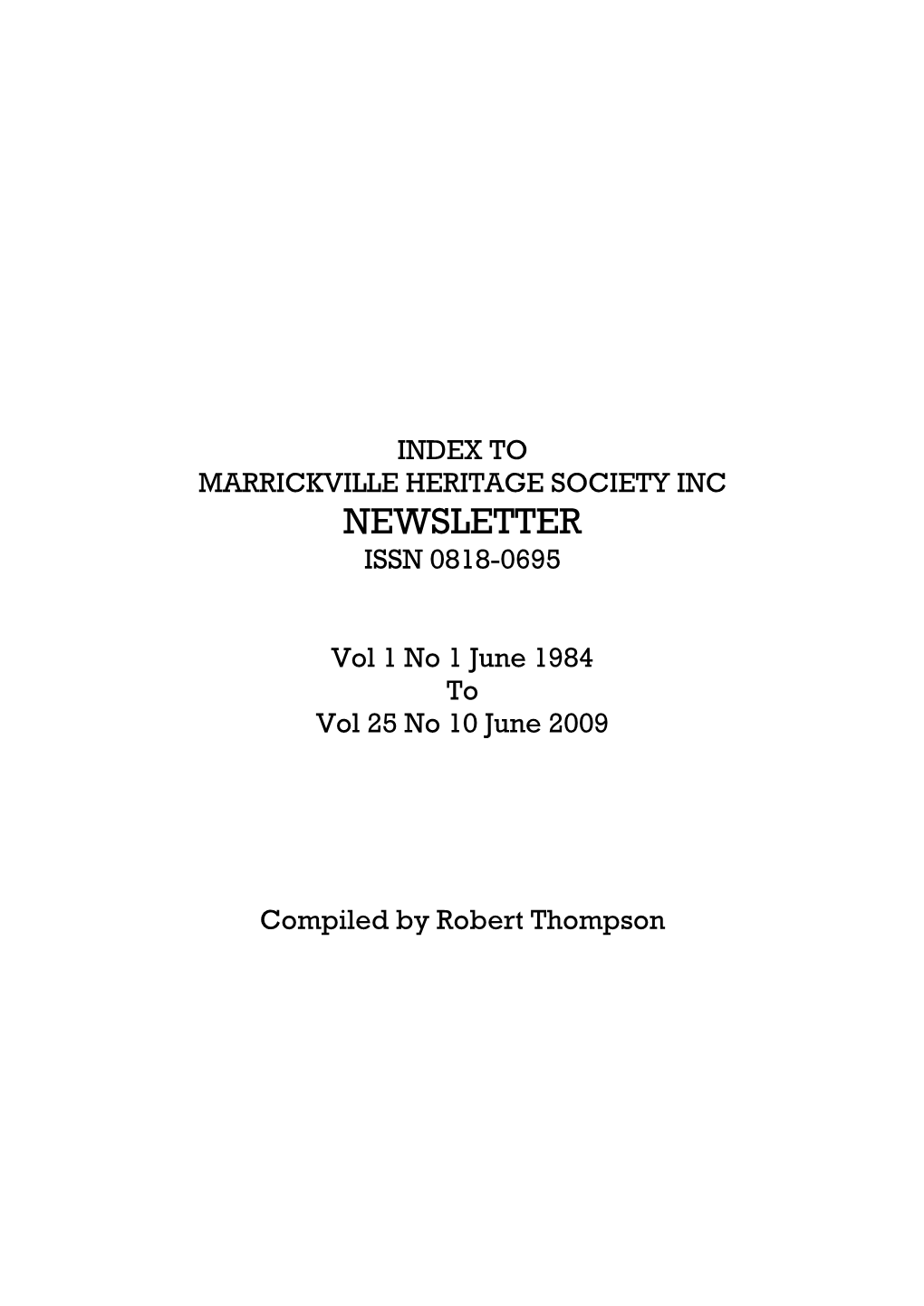 Index to Marrickville Heritage Society Inc Newsletter Issn 0818-0695