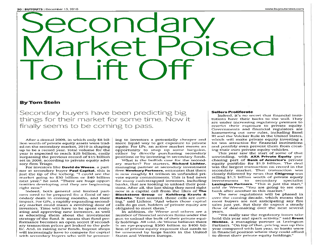 Secondary Market Poised to Lift