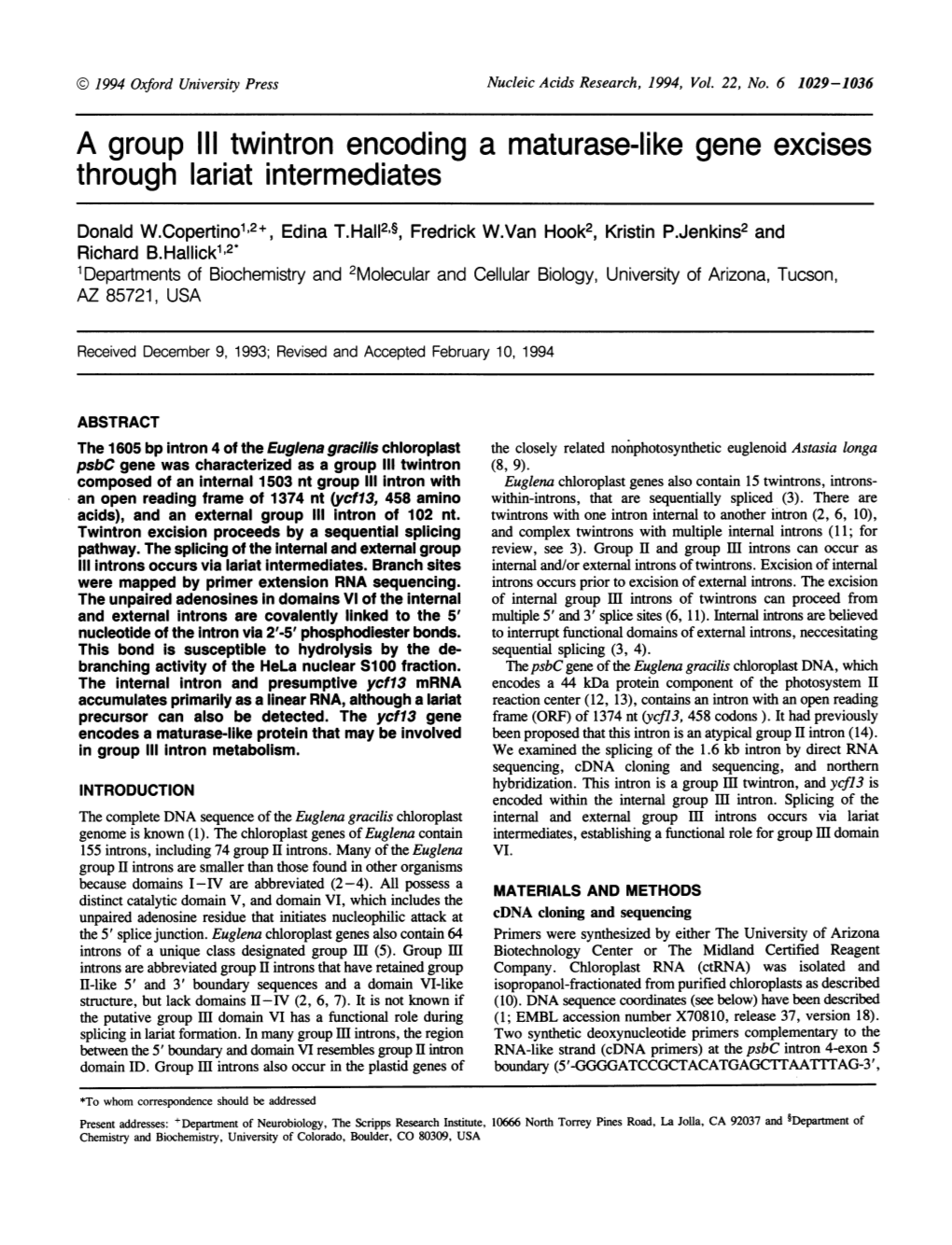 A Group Ill Twintron Encoding a Maturase-Like Gene Excises Through Lariat Intermediates