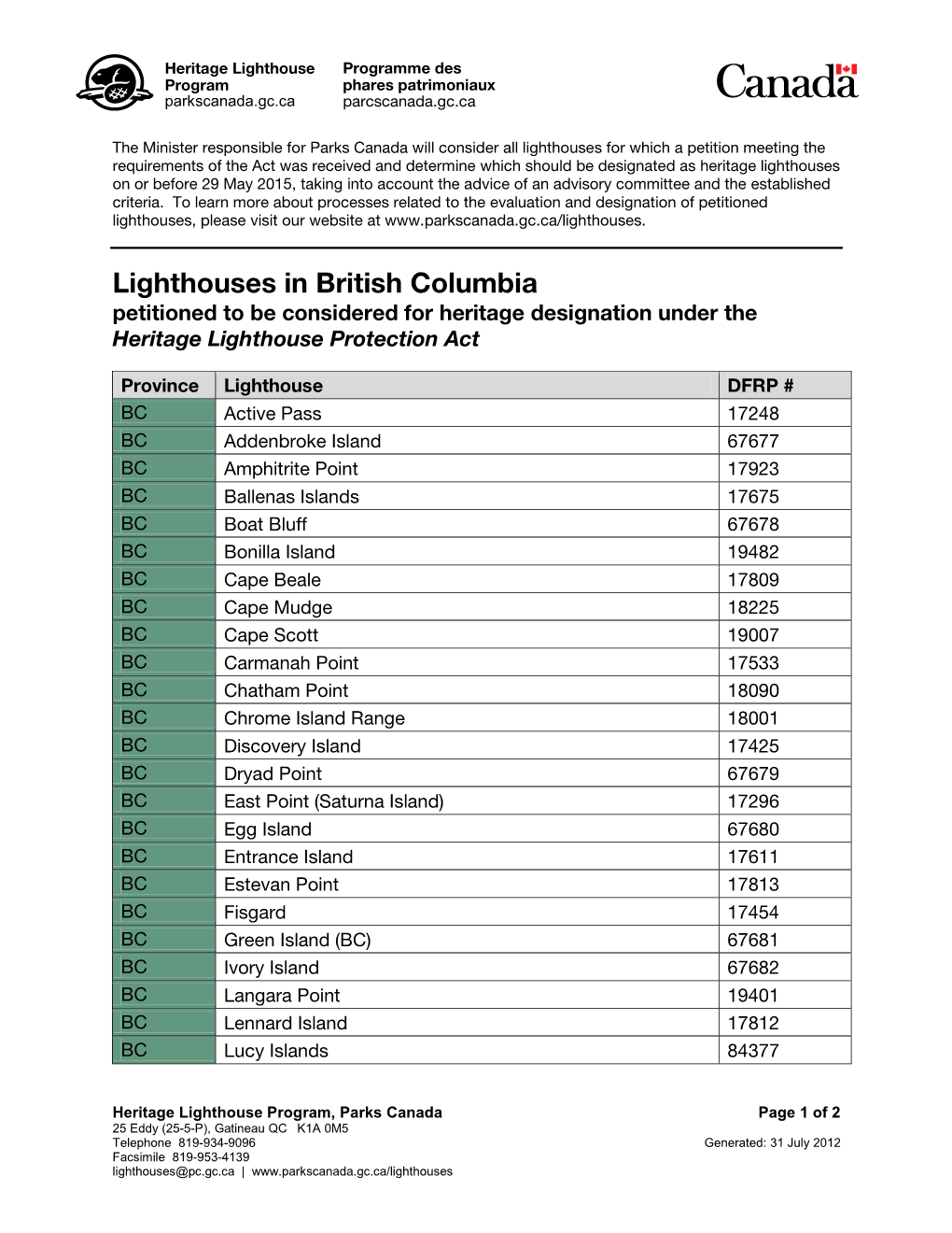 Lighthouses in British Columbia Petitioned to Be Considered for Heritage Designation Under the Heritage Lighthouse Protection Act