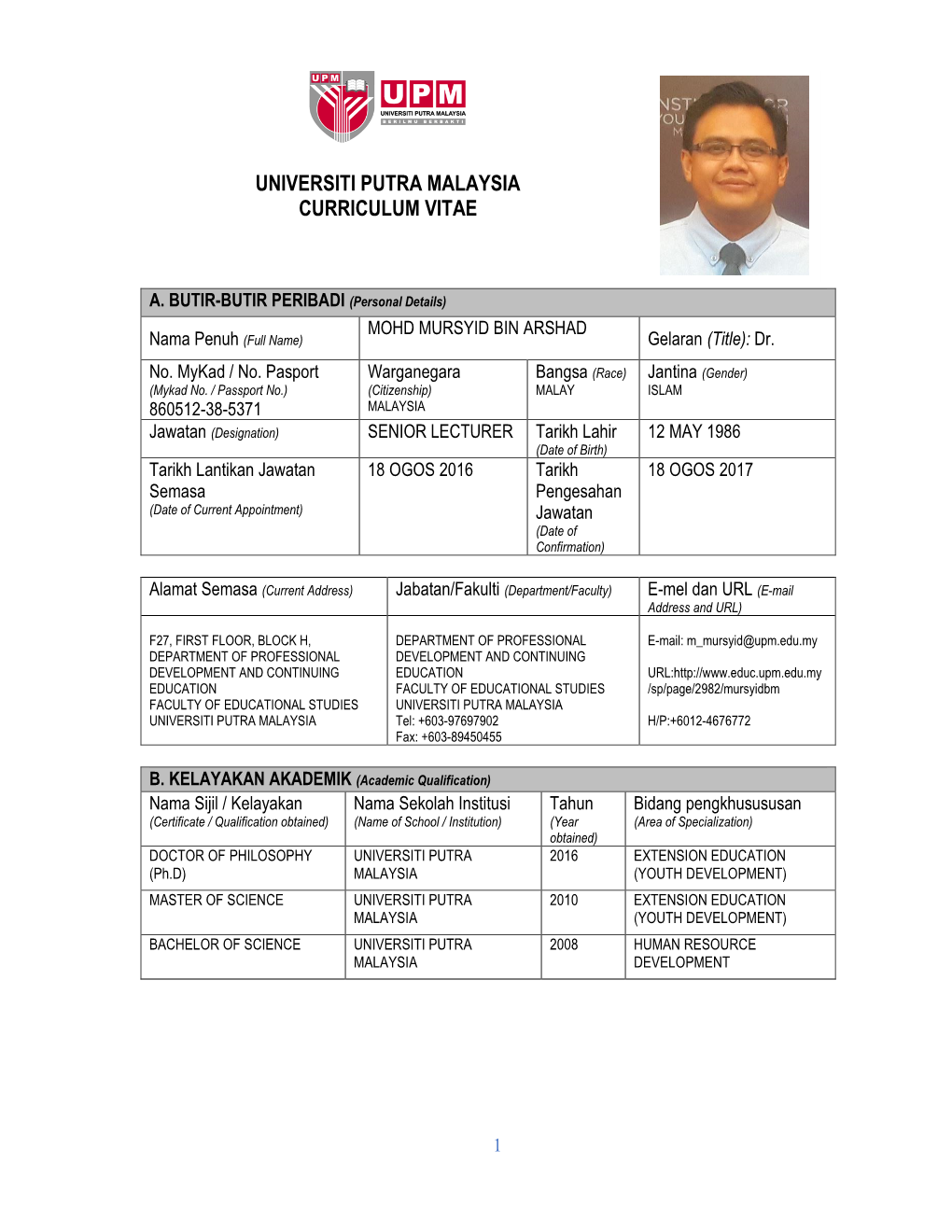 Universiti Putra Malaysia Curriculum Vitae