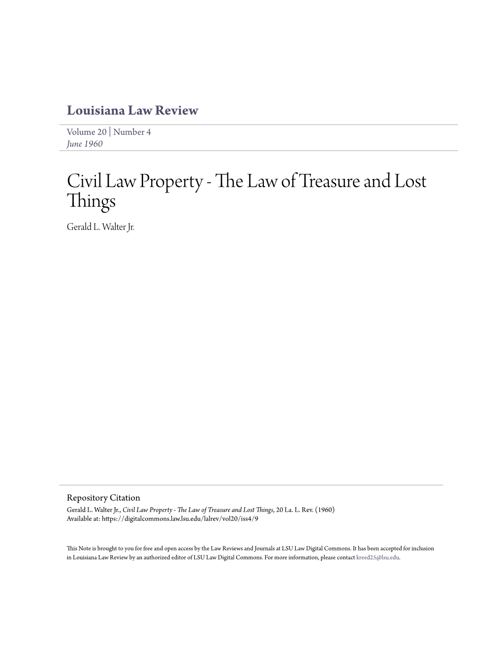 Civil Law Property - the Law of Treasure and Lost Things Gerald L