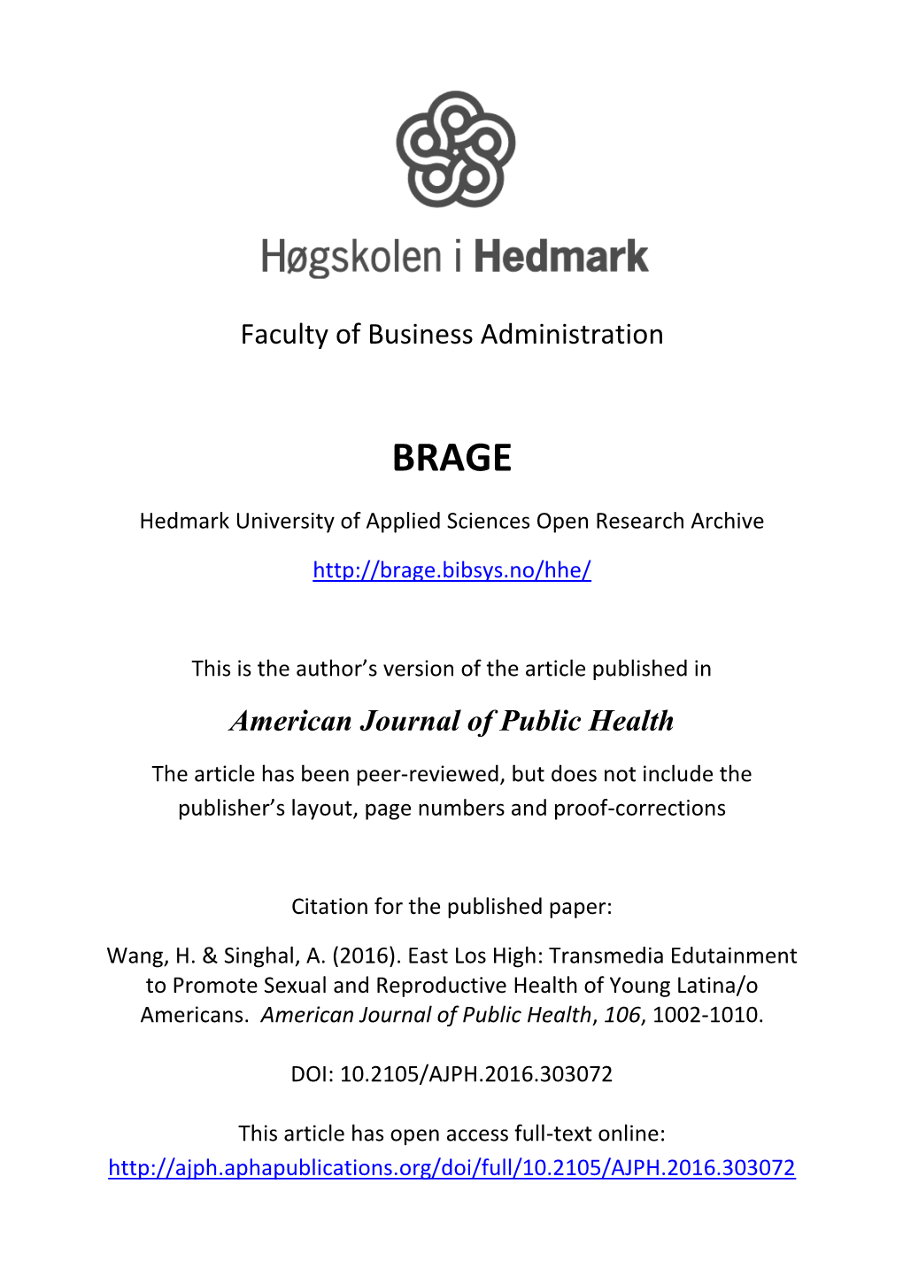 Faculty of Business Administration American Journal of Public Health