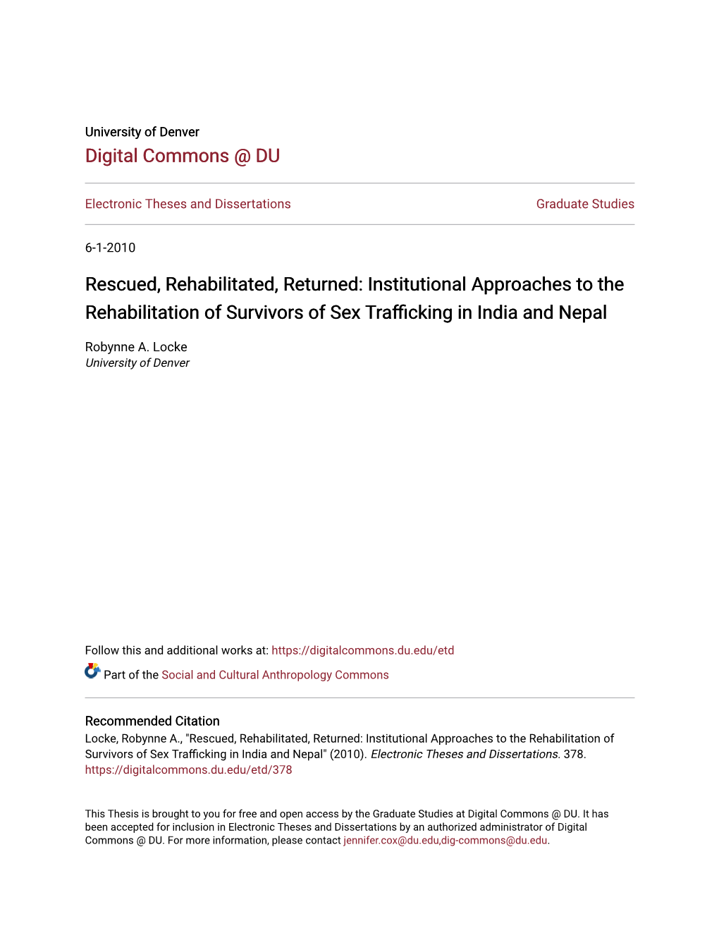 Institutional Approaches to the Rehabilitation of Survivors of Sex Trafficking in India and Nepal
