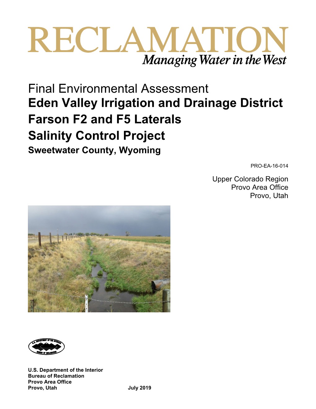 Eden Valley Irrigation and Drainage District Farson F2 and F5 Laterals Salinity Control Project Sweetwater County, Wyoming