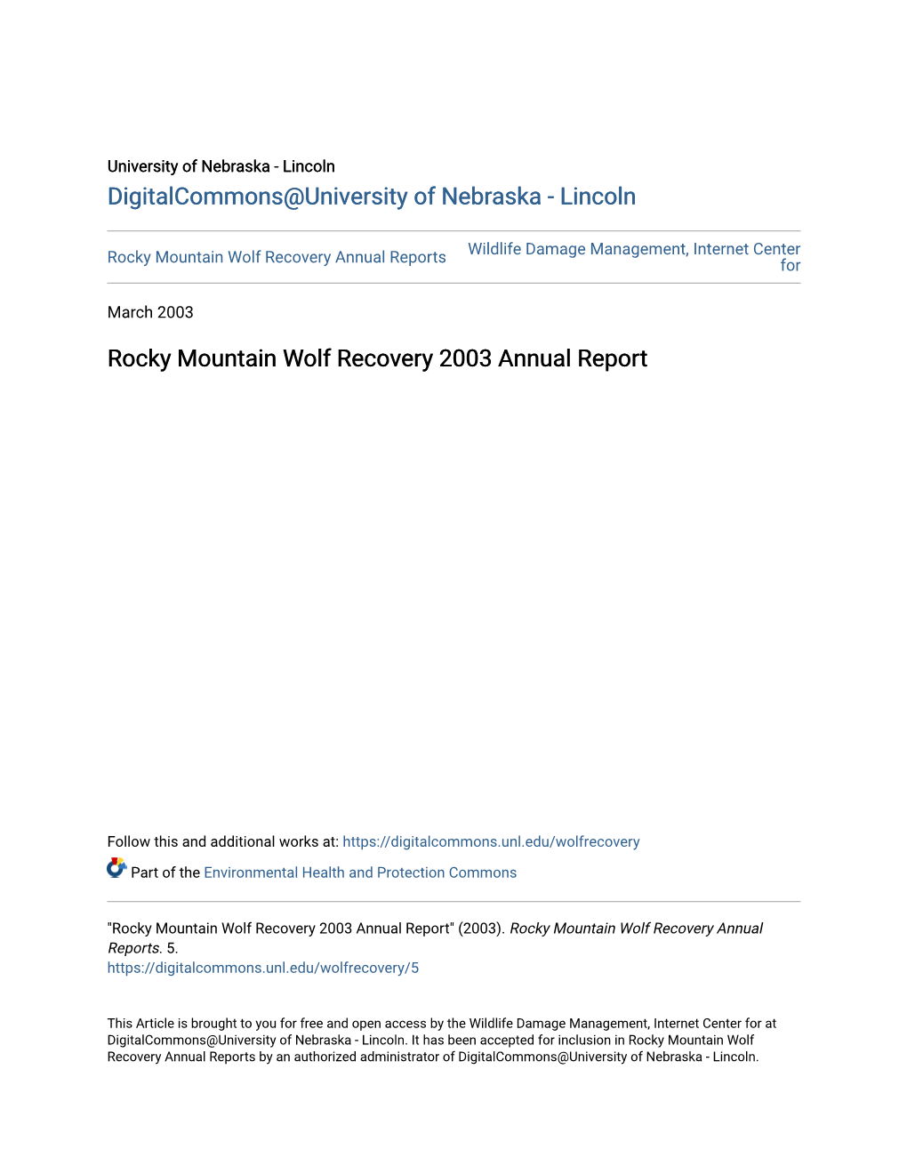 Rocky Mountain Wolf Recovery 2003 Annual Report