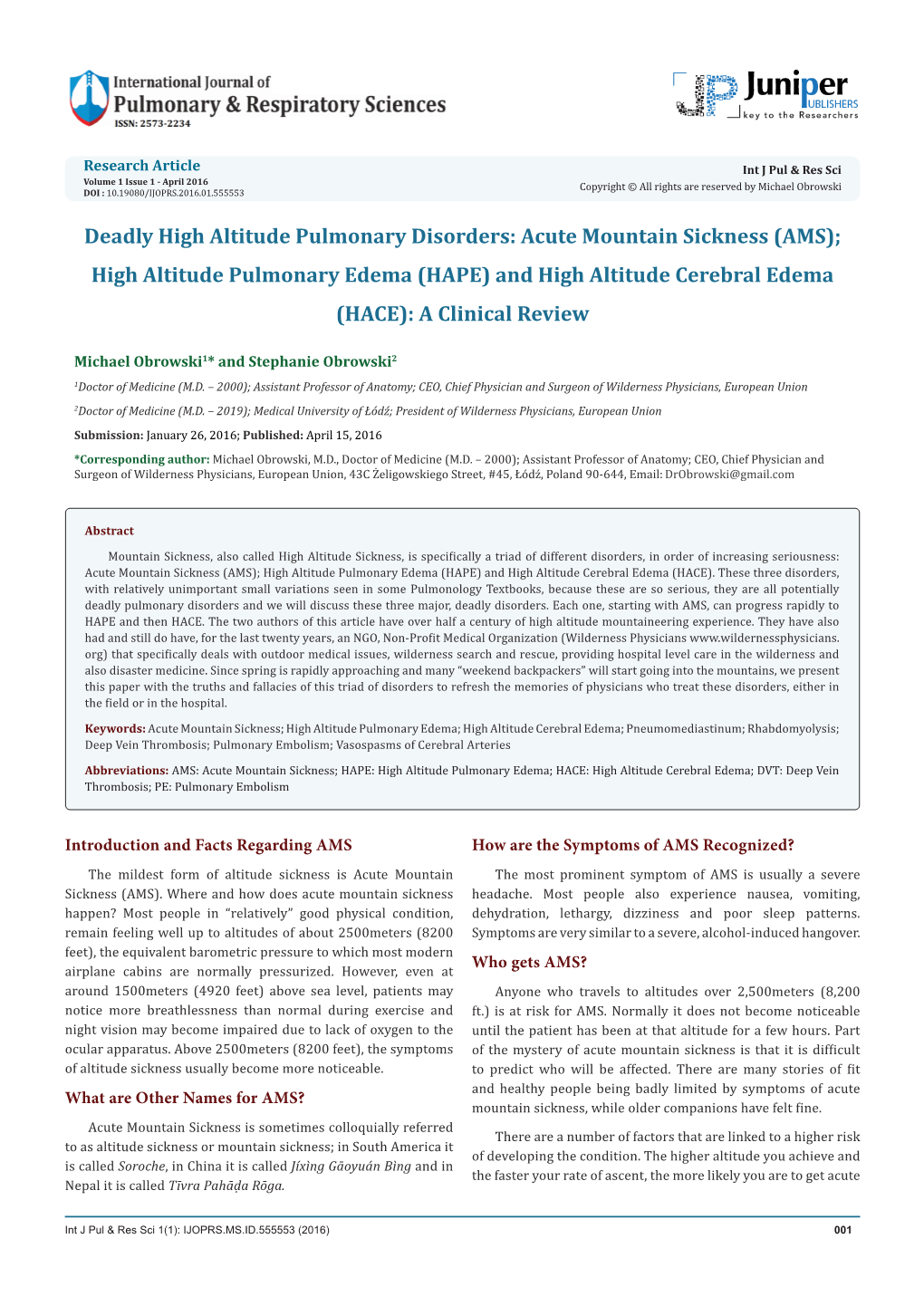 Deadly High Altitude Pulmonary Disorders: Acute Mountain Sickness