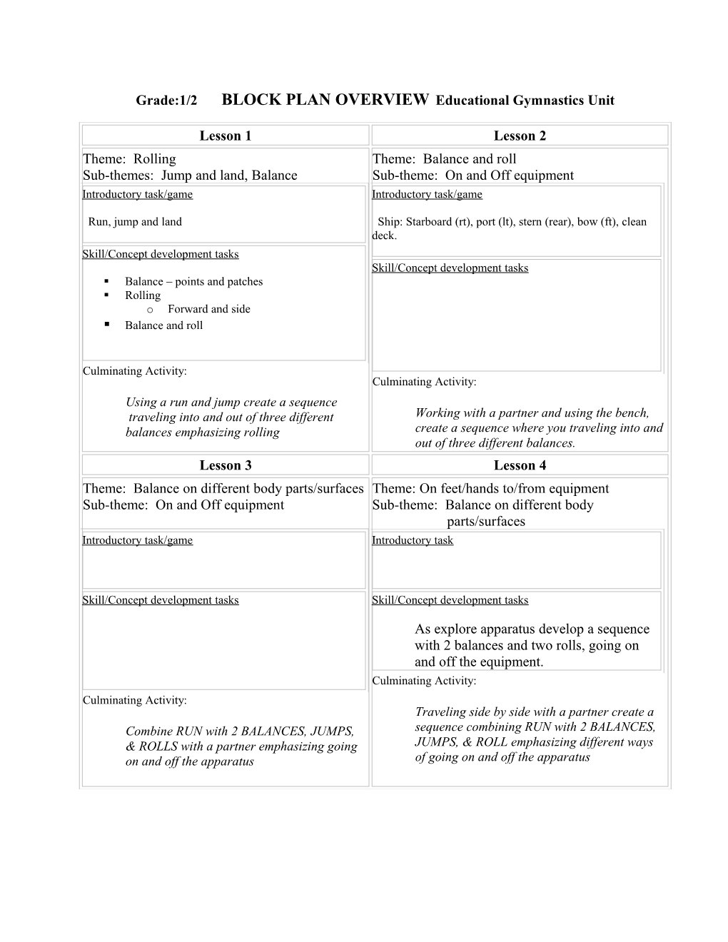 BLOCK PLAN - Four-Lesson Unit Plan