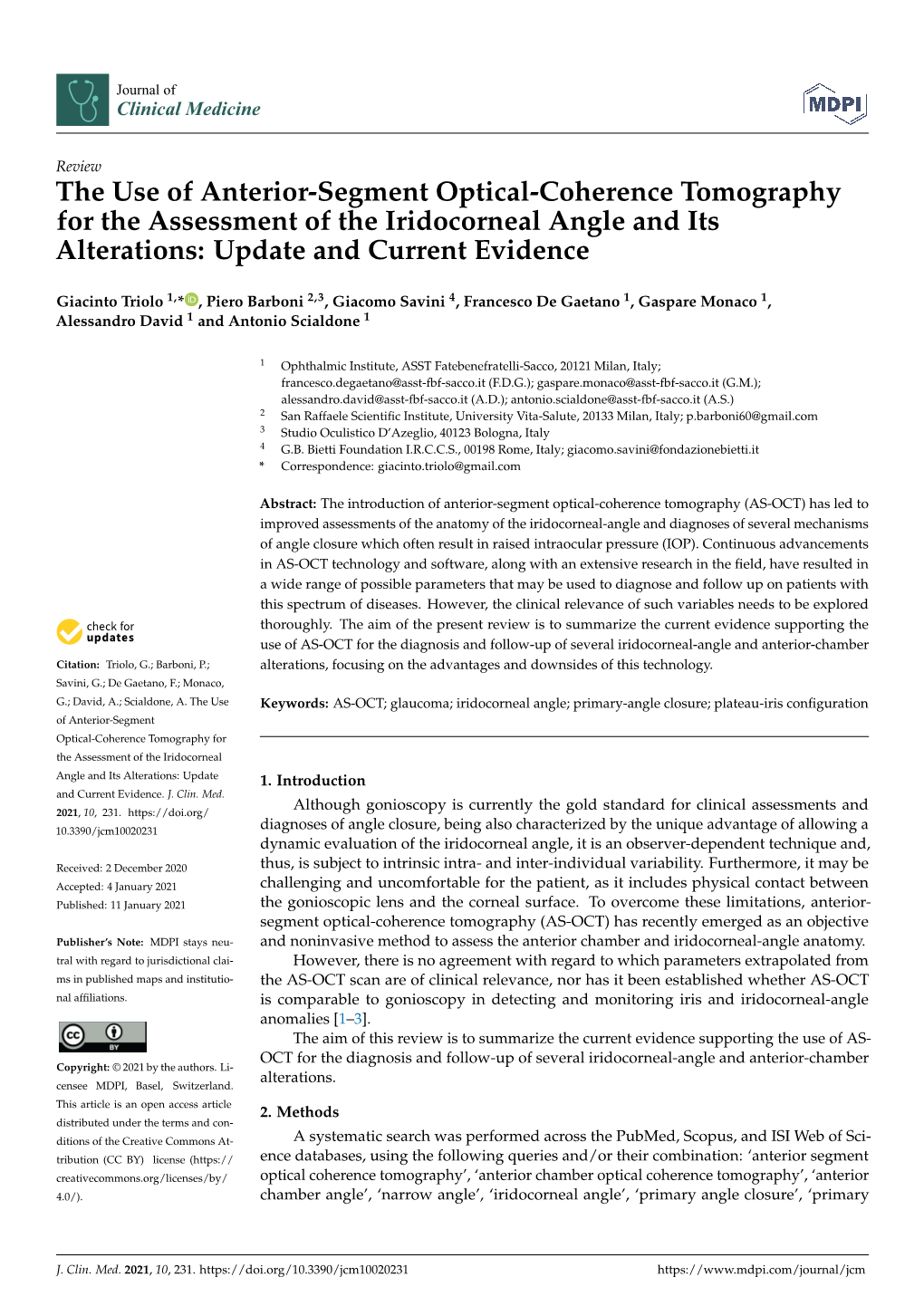 The Use of Anterior-Segment Optical-Coherence Tomography for the Assessment of the Iridocorneal Angle and Its Alterations: Update and Current Evidence