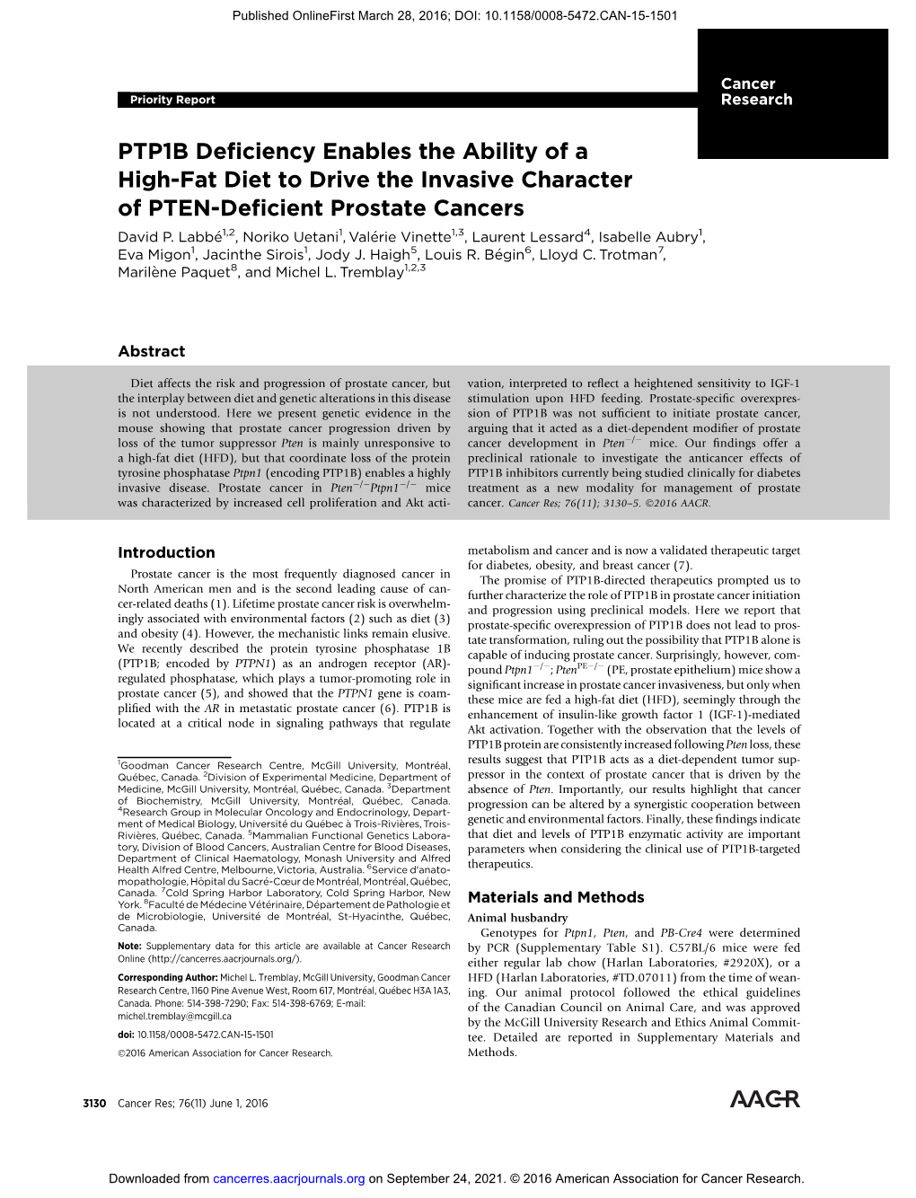 PTP1B Deficiency Enables the Ability of a High-Fat Diet to Drive the Invasive Character of PTEN-Deficient Prostate Cancers