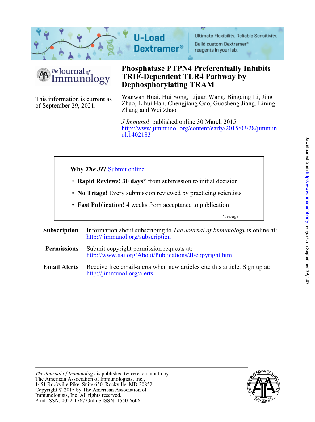 Dephosphorylating TRAM TRIF-Dependent TLR4 Pathway by Phosphatase PTPN4 Preferentially Inhibits