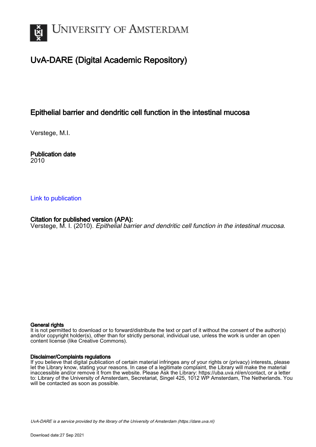 Epithelial Barrier and Dendritic Cell Function in the Intestinal Mucosa