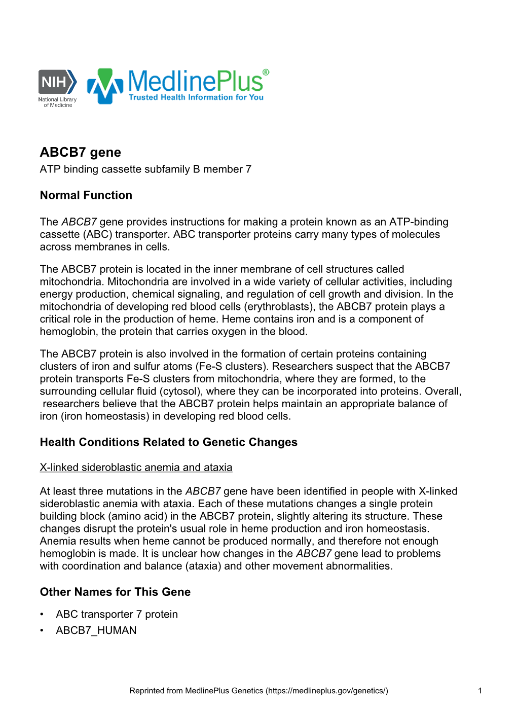 ABCB7 Gene ATP Binding Cassette Subfamily B Member 7