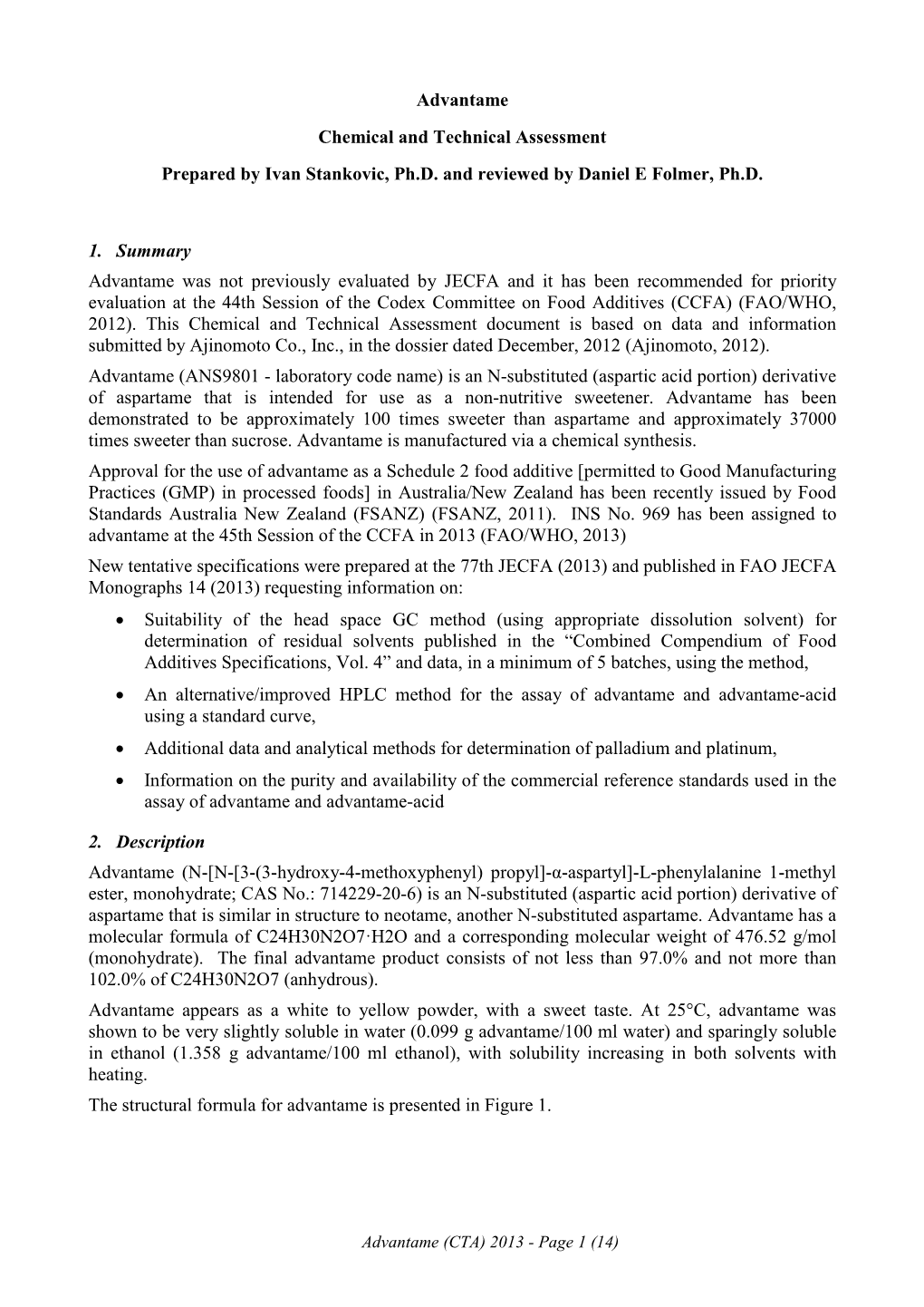 Advantame Chemical and Technical Assessment Prepared by Ivan Stankovic, Ph.D