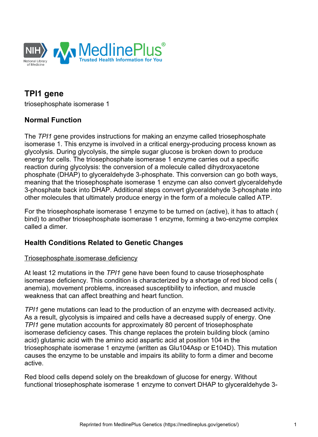 TPI1 Gene Triosephosphate Isomerase 1