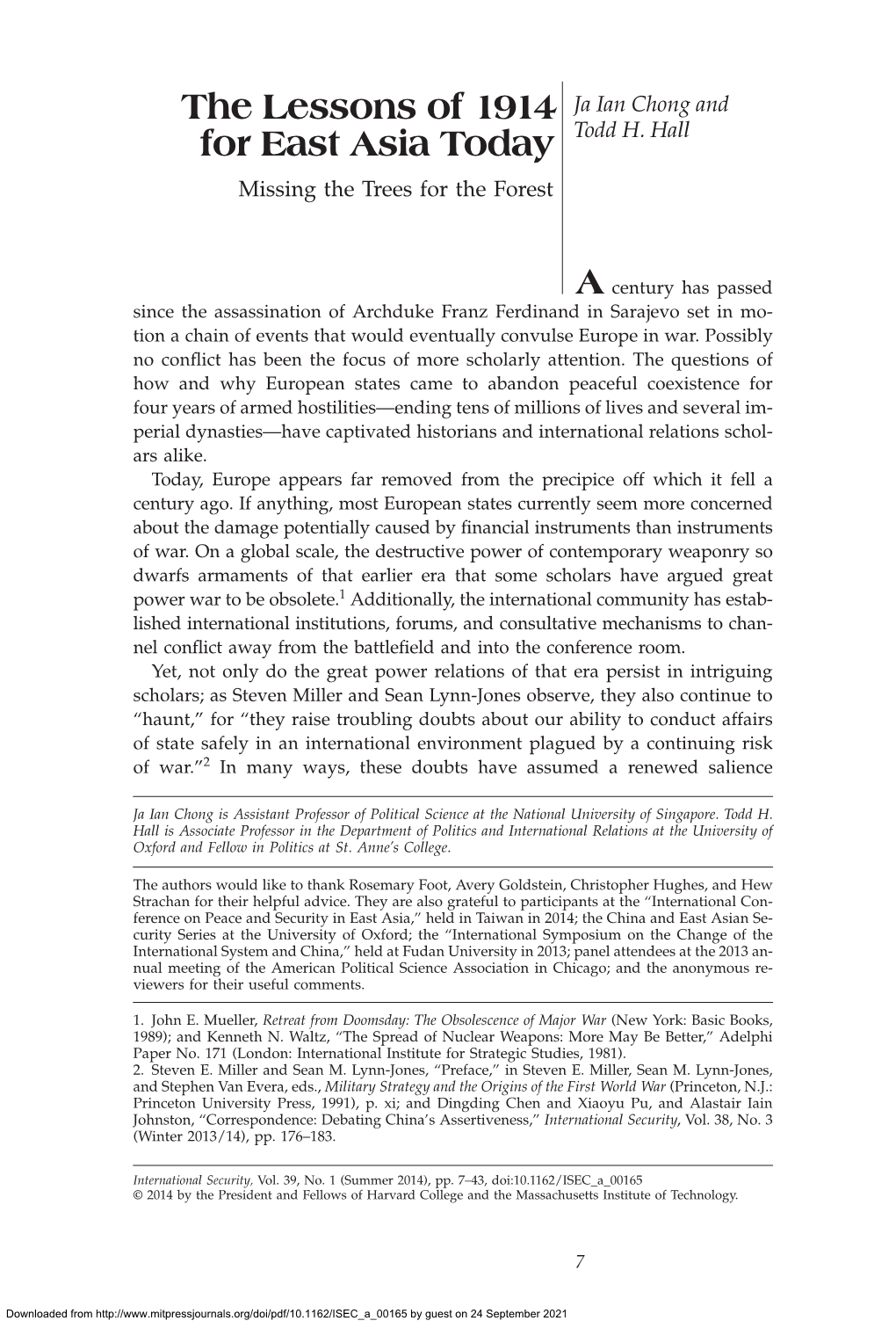 The Lessons of 1914 for East Asia Today the Lessons of 1914 Ja Ian Chong and for East Asia Today Todd H